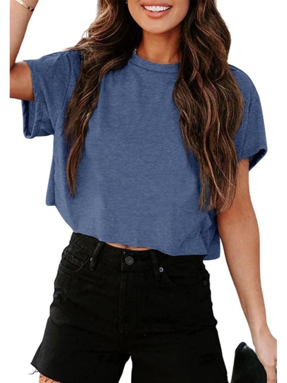 Women's Royal Blue Short Sleeve Crew Neck Loose Casual Drop Shoulder Crop Tops